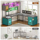 SEDETA L Shaped LED Gaming Desk with Drawers Reversible Computer Two Person Desk with File Drawer Storage Shelves Hutch Power Outlet