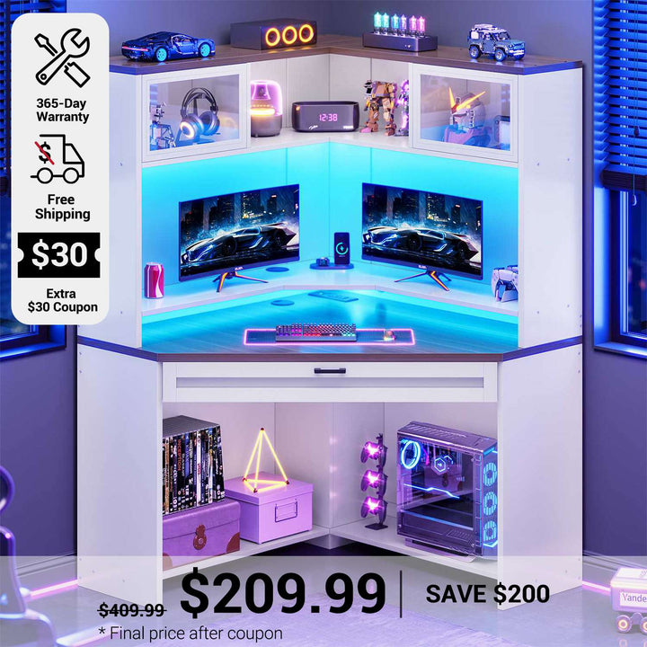 SEDETA 31.5 Inch Corner Small Computer Desk Gaming Desk with LED Lights Power Strip Drawers Storage Shelves Hutch for Home Office