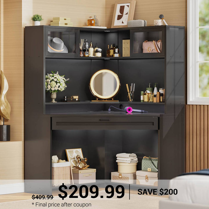 SEDETA 31.5 Inch Corner Small Computer Desk Gaming Desk with LED Lights Power Strip Drawers Storage Shelves Hutch for Home Office