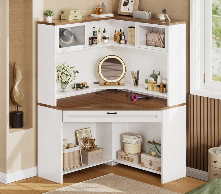 SEDETA 31.5 Inch Corner Small Computer Desk Gaming Desk with LED Lights Power Strip Drawers Storage Shelves Hutch for Home Office
