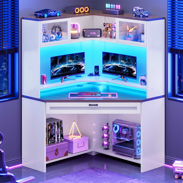 SEDETA 31.5 Inch Corner Small Computer Desk Gaming Desk with LED Lights Power Strip Drawers Storage Shelves Hutch for Home Office