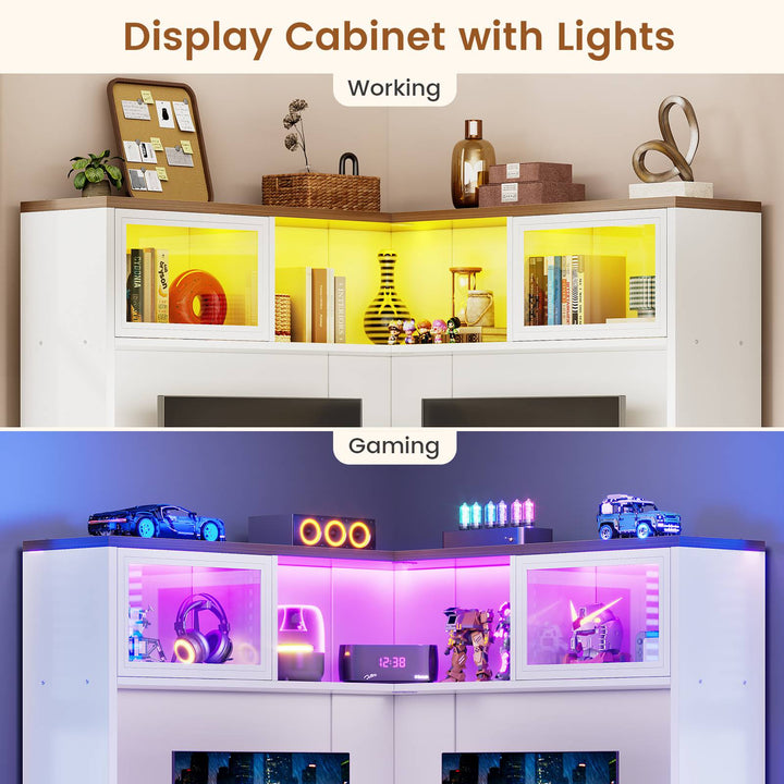 SEDETA 31.5 Inch Corner Small Computer Desk Gaming Desk with LED Lights Power Strip Drawers Storage Shelves Hutch for Home Office