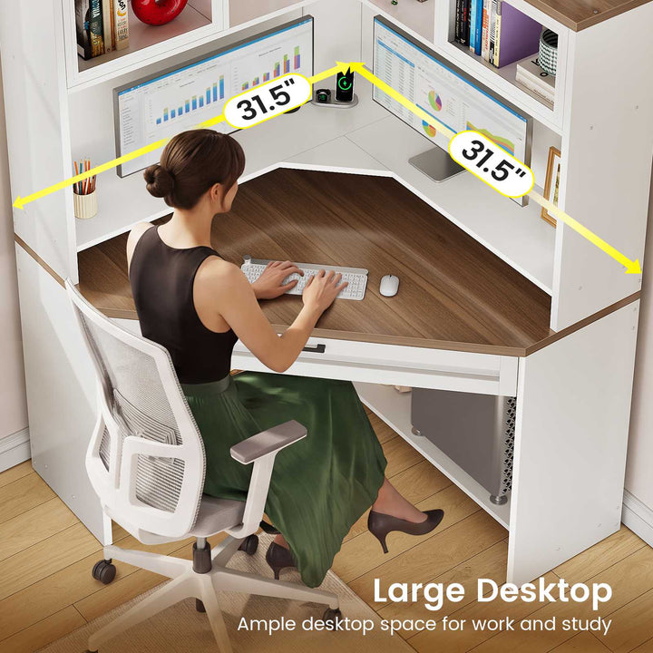 SEDETA 31.5 Inch Corner Small Computer Desk Gaming Desk with LED Lights Power Strip Drawers Storage Shelves Hutch for Home Office