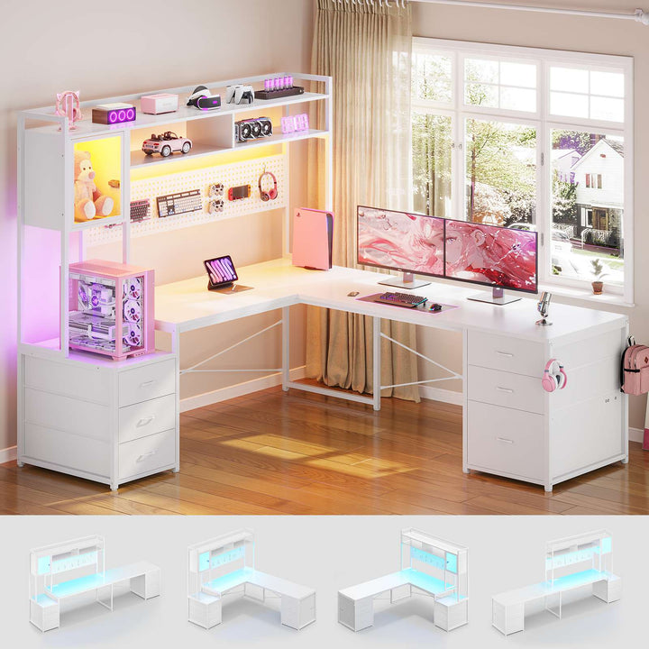 SEDETA L Shaped LED Gaming Desk with Drawers Reversible Computer Two Person Desk with File Drawer Storage Shelves Hutch Power Outlet