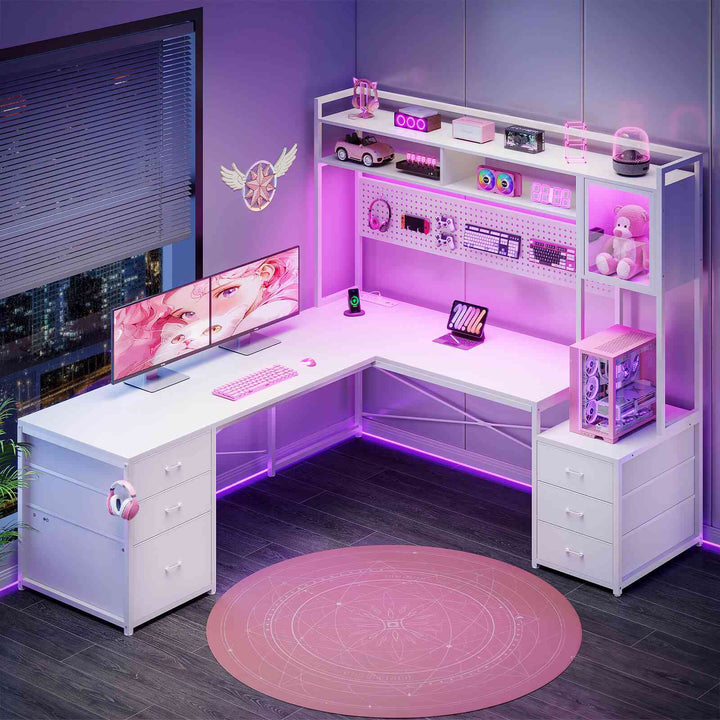 SEDETA L Shaped LED Gaming Desk with Drawers Reversible Computer Two Person Desk with File Drawer Storage Shelves Hutch Power Outlet