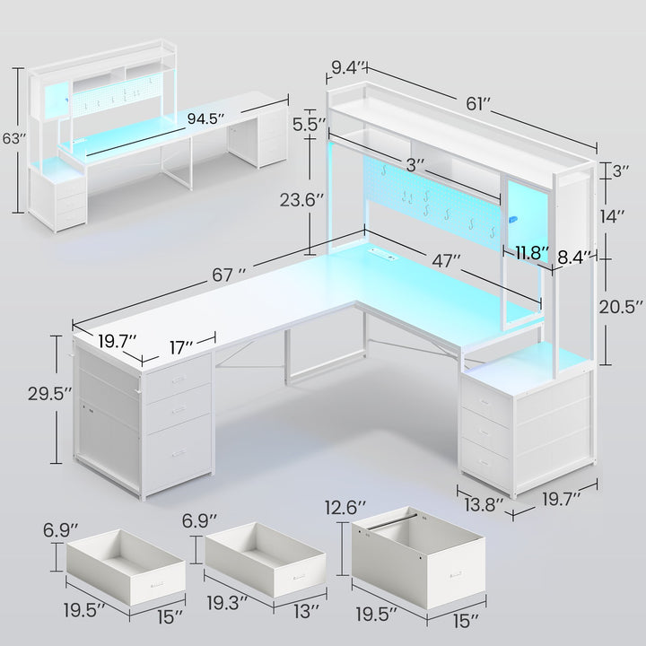 SEDETA L Shaped LED Gaming Desk with Drawers Reversible Computer Two Person Desk with File Drawer Storage Shelves Hutch Power Outlet