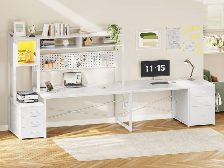 SEDETA L Shaped LED Gaming Desk with Drawers Reversible Computer Two Person Desk with File Drawer Storage Shelves Hutch Power Outlet