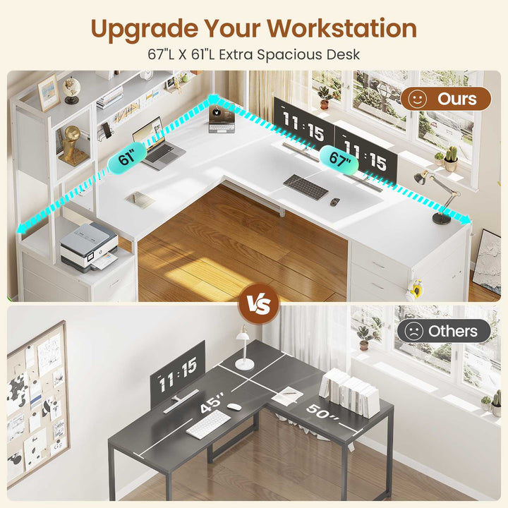 SEDETA L Shaped LED Gaming Desk with Drawers Reversible Computer Two Person Desk with File Drawer Storage Shelves Hutch Power Outlet