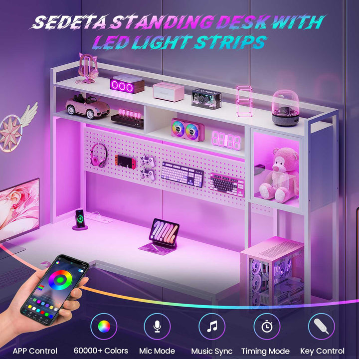 SEDETA L Shaped LED Gaming Desk with Drawers Reversible Computer Two Person Desk with File Drawer Storage Shelves Hutch Power Outlet