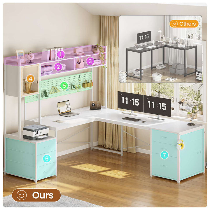 SEDETA L Shaped LED Gaming Desk with Drawers Reversible Computer Two Person Desk with File Drawer Storage Shelves Hutch Power Outlet