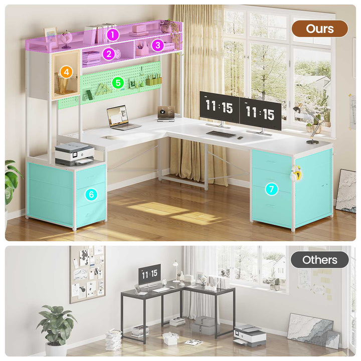 SEDETA L Shaped LED Gaming Desk with Drawers Reversible Computer Two Person Desk with File Drawer Storage Shelves Hutch Power Outlet