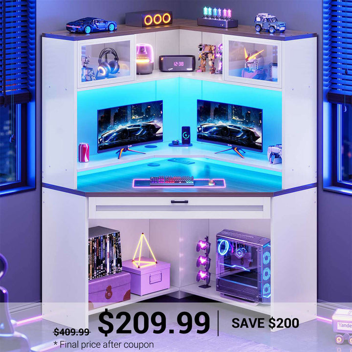 SEDETA 31.5 Inch Corner Small Computer Desk Gaming Desk with LED Lights Power Strip Drawers Storage Shelves Hutch for Home Office