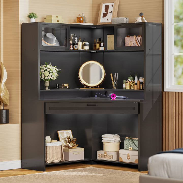 SEDETA 31.5 Inch Corner Small Computer Desk Gaming Desk with LED Lights Power Strip Drawers Storage Shelves Hutch for Home Office