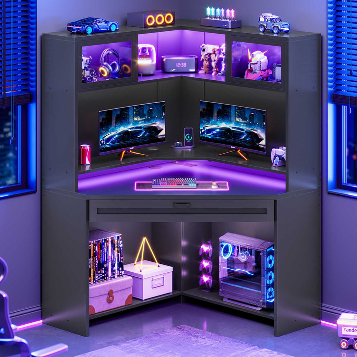 SEDETA 31.5 Inch Corner Small Computer Desk Gaming Desk with LED Lights Power Strip Drawers Storage Shelves Hutch for Home Office
