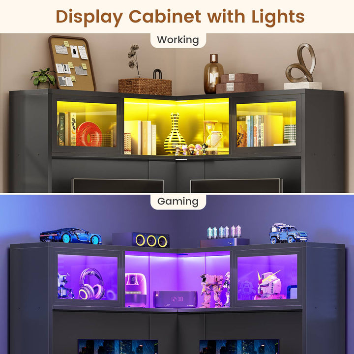 SEDETA 31.5 Inch Corner Small Computer Desk Gaming Desk with LED Lights Power Strip Drawers Storage Shelves Hutch for Home Office