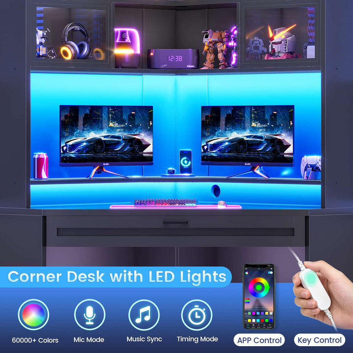 SEDETA 31.5 Inch Corner Small Computer Desk Gaming Desk with LED Lights Power Strip Drawers Storage Shelves Hutch for Home Office