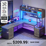 SEDETA L Shaped LED Gaming Desk with Drawers Reversible Computer Two Person Desk with File Drawer Storage Shelves Hutch Power Outlet