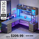 SEDETA L Shaped LED Gaming Desk with Drawers Reversible Computer Two Person Desk with File Drawer Storage Shelves Hutch Power Outlet