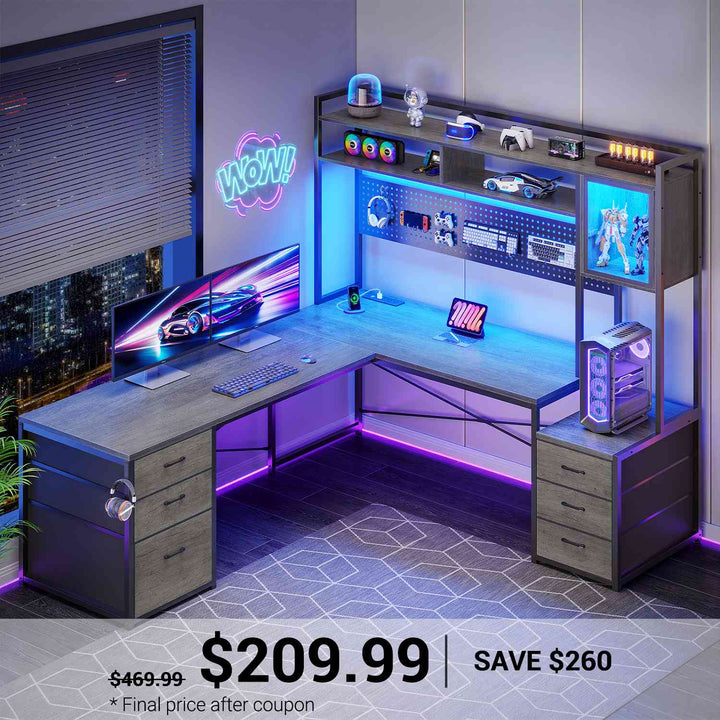 SEDETA L Shaped LED Gaming Desk with Drawers Reversible Computer Two Person Desk with File Drawer Storage Shelves Hutch Power Outlet