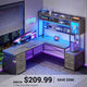 SEDETA L Shaped LED Gaming Desk with Drawers Reversible Computer Two Person Desk with File Drawer Storage Shelves Hutch Power Outlet