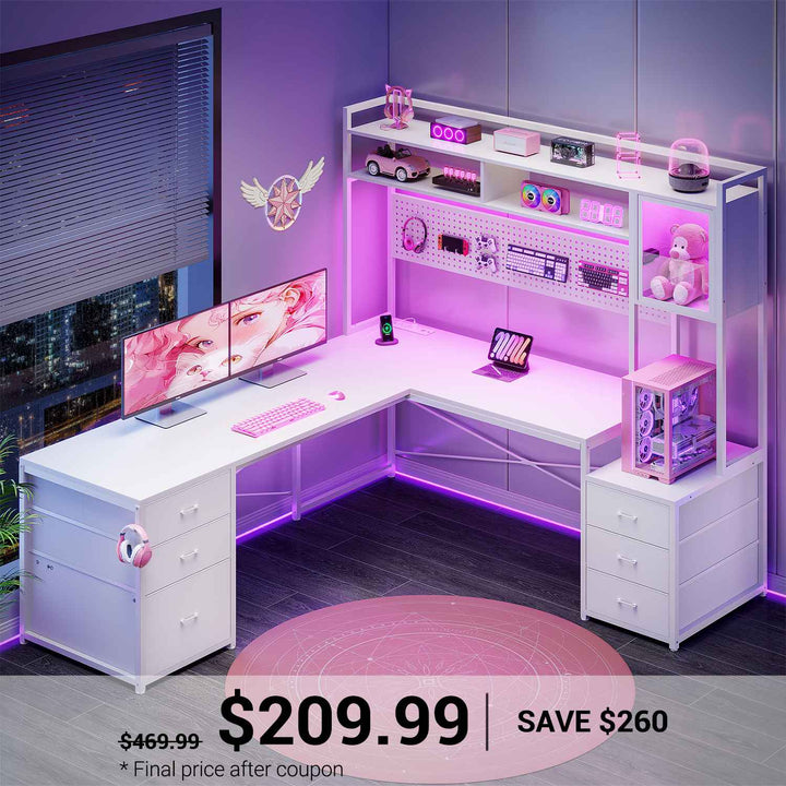 SEDETA L Shaped LED Gaming Desk with Drawers Reversible Computer Two Person Desk with File Drawer Storage Shelves Hutch Power Outlet