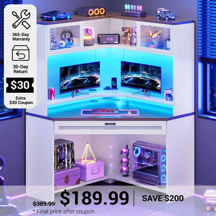 SEDETA® 31.5 Inch Corner Computer Desk Small Space Gaming Desk  Office Desk with Drawers Storage Shelves Hutch LED Lights Power Strip