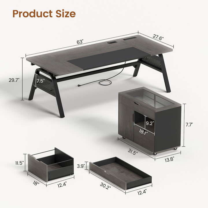 SEDETA | 63 Inch Computer Desk with Privacy Baffle Modern Office Desk with 4 Hooks Power Outlet Executive Desk with Movable File Cabinet for Home Office