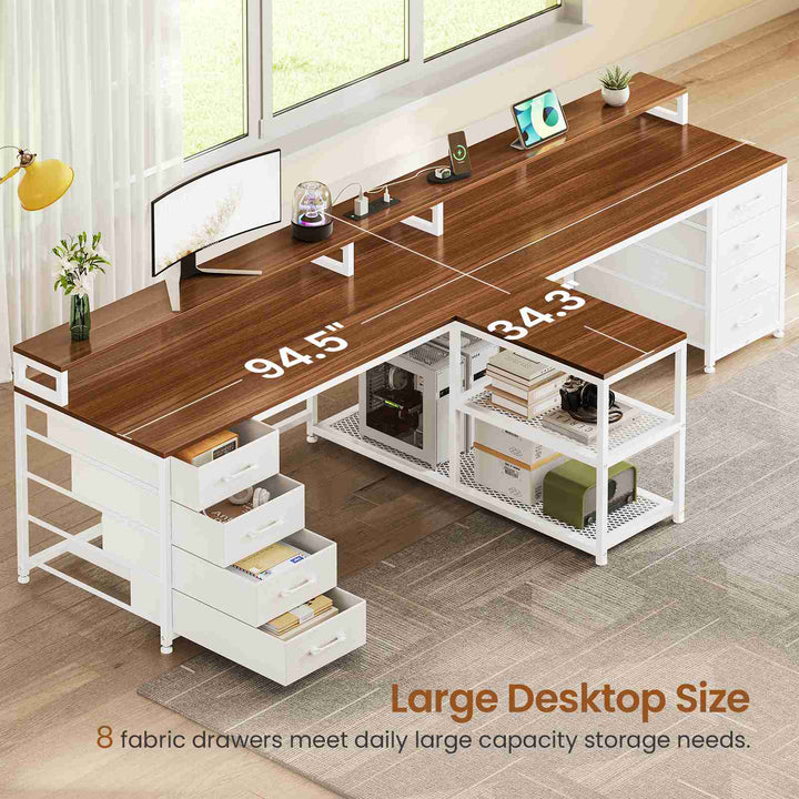SEDETA® 94.5 Inch Long Office Computer Desk 2 Person Gaming Desk with Monitor Stand LED Lights 8 Drawers and Power Strip