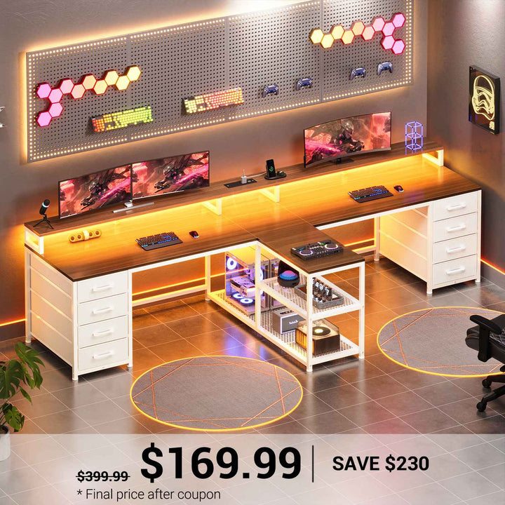 SEDETA® 94.5 Inch Long Office Computer Desk 2 Person Gaming Desk with Monitor Stand LED Lights 8 Drawers and Power Strip