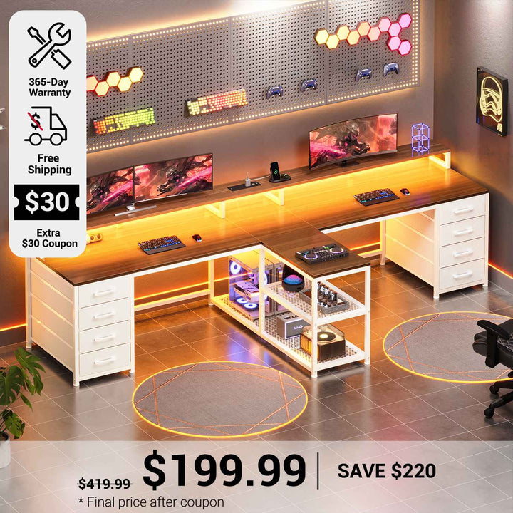 SEDETA 94.5 Inch 2 Person Gaming Desk Long Office Computer Desk with LED Lights 8 Storage Drawers Power Outlet