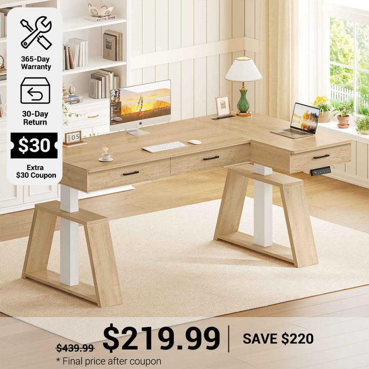 SEDETA® 59 Inch Electric Standing Desk L Shaped Height Adjustable Ergonomic Executive Computer Desk with Power Outlets Drawers