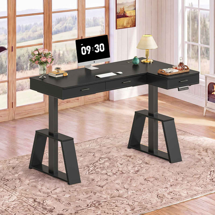 SEDETA® 59 Inch Electric Standing Desk L Shaped Height Adjustable Ergonomic Executive Computer Desk with Power Outlets Drawers