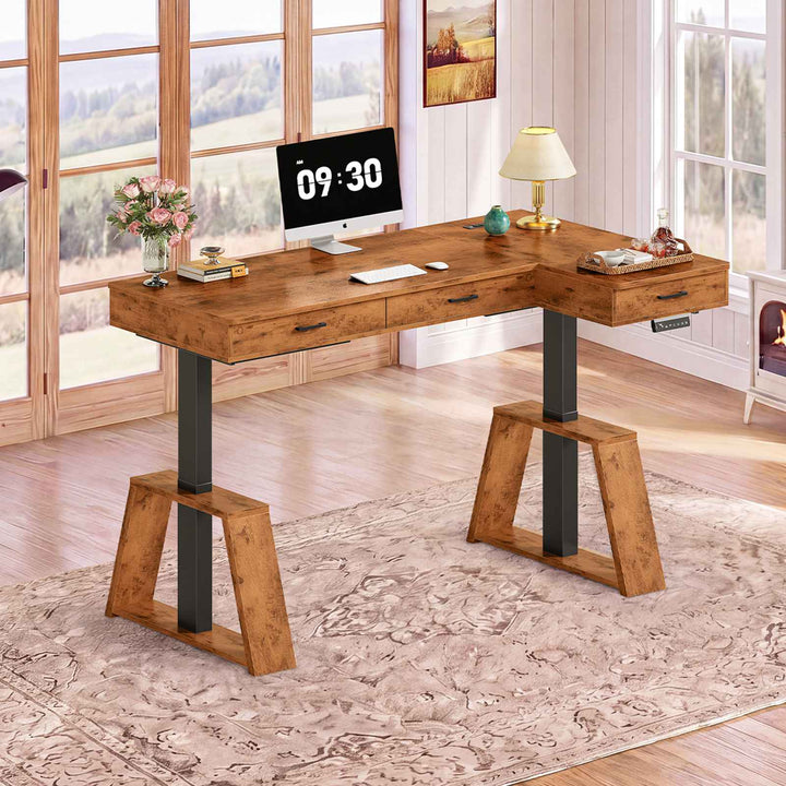 SEDETA® 59 Inch Electric Standing Desk L Shaped Height Adjustable Ergonomic Executive Computer Desk with Power Outlets Drawers