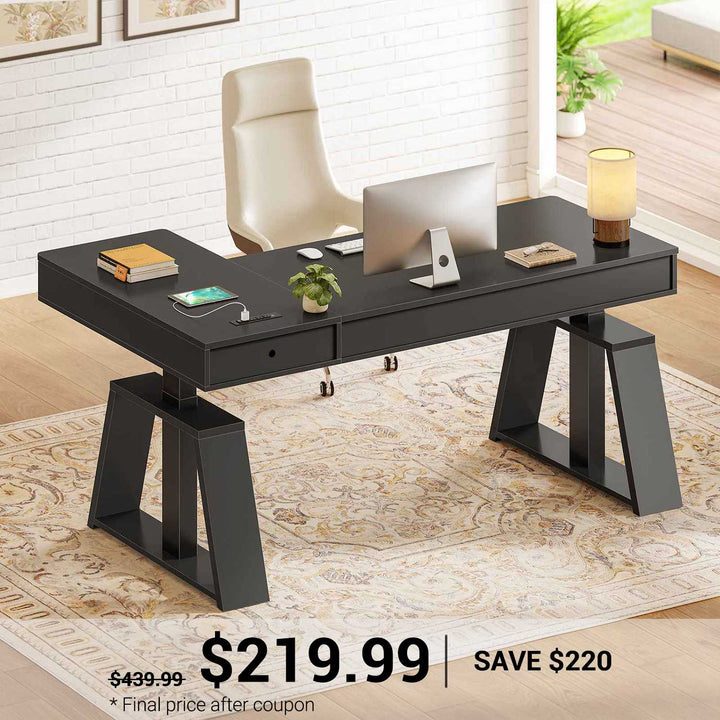 SEDETA® 59 Inch Electric Standing Desk L Shaped Height Adjustable Ergonomic Executive Computer Desk with Power Outlets Drawers