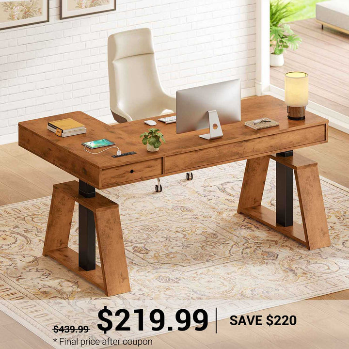 SEDETA® 59 Inch Electric Standing Desk L Shaped Height Adjustable Ergonomic Executive Computer Desk with Power Outlets Drawers