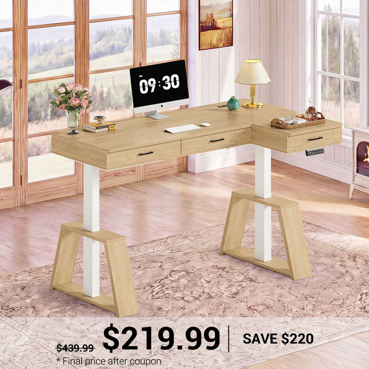 SEDETA® 59 Inch Electric Standing Desk L Shaped Height Adjustable Ergonomic Executive Computer Desk with Power Outlets Drawers