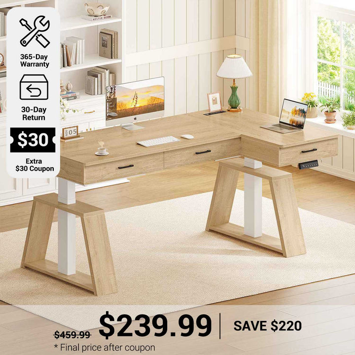 SEDETA 59 Inch L Shaped Electric Standing Desk Executive Height Adjustable Computer Desk with Drawers Power Outlets