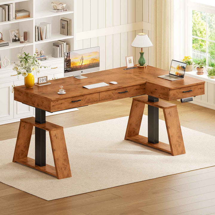 SEDETA 59 Inch L Shaped Electric Standing Desk Executive Height Adjustable Computer Desk with Drawers Power Outlets
