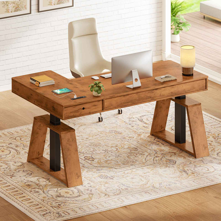 SEDETA 59 Inch L Shaped Electric Standing Desk Executive Height Adjustable Computer Desk with Drawers Power Outlets