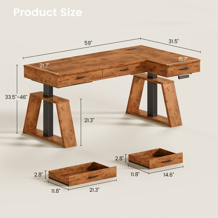 SEDETA 59 Inch L Shaped Electric Standing Desk Executive Height Adjustable Computer Desk with Drawers Power Outlets