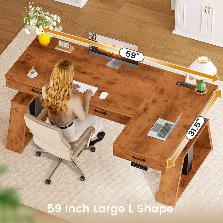 SEDETA 59 Inch L Shaped Electric Standing Desk Executive Height Adjustable Computer Desk with Drawers Power Outlets