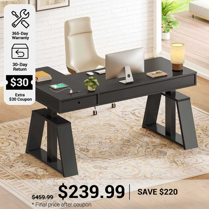 SEDETA 59 Inch L Shaped Electric Standing Desk Executive Height Adjustable Computer Desk with Drawers Power Outlets