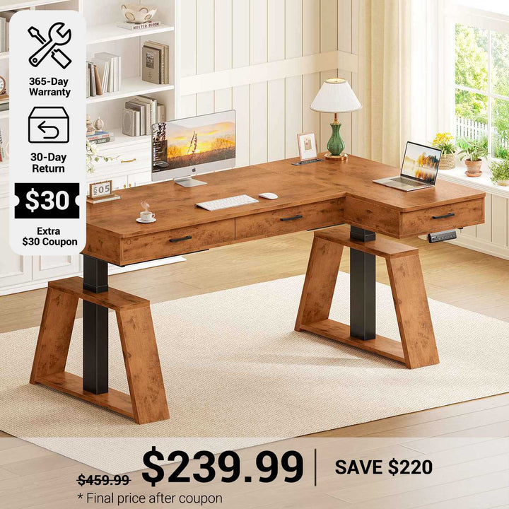 SEDETA 59 Inch L Shaped Electric Standing Desk Executive Height Adjustable Computer Desk with Drawers Power Outlets