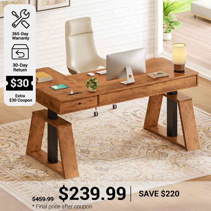 SEDETA 59 Inch L Shaped Electric Standing Desk Executive Height Adjustable Computer Desk with Drawers Power Outlets