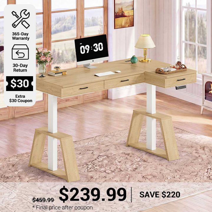 SEDETA 59 Inch L Shaped Electric Standing Desk Executive Height Adjustable Computer Desk with Drawers Power Outlets
