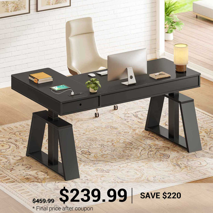 SEDETA 59 Inch L Shaped Electric Standing Desk Executive Height Adjustable Computer Desk with Drawers Power Outlets