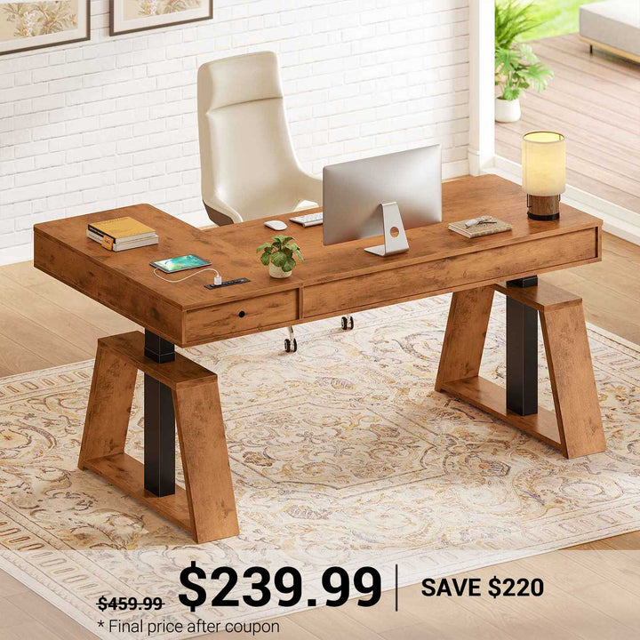 SEDETA 59 Inch L Shaped Electric Standing Desk Executive Height Adjustable Computer Desk with Drawers Power Outlets