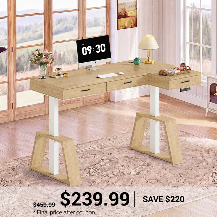 SEDETA 59 Inch L Shaped Electric Standing Desk Executive Height Adjustable Computer Desk with Drawers Power Outlets