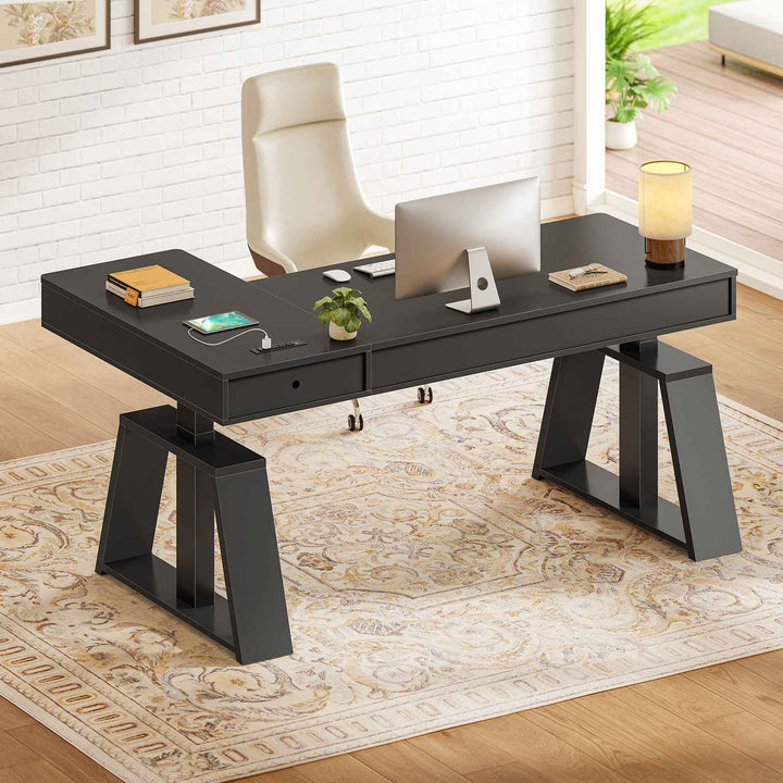 SEDETA 59 Inch L Shaped Electric Standing Desk Executive Height Adjustable Computer Desk with Drawers Power Outlets
