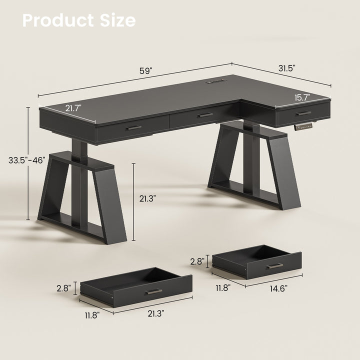 SEDETA 59 Inch L Shaped Electric Standing Desk Executive Height Adjustable Computer Desk with Drawers Power Outlets